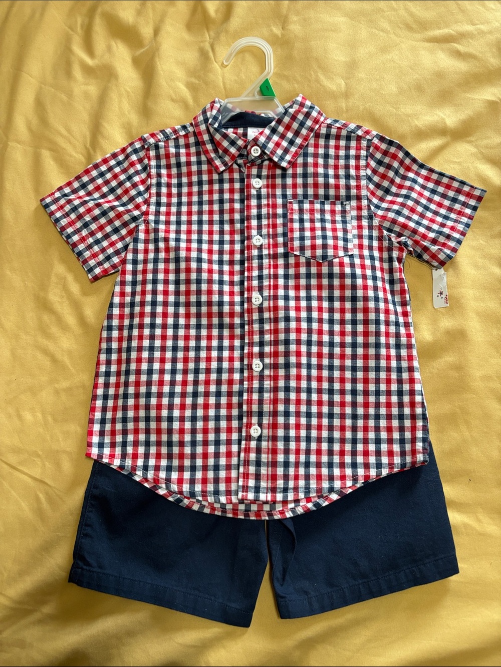 Red, White & Blue Plaid Short-Sleeve Button-Down Shirt & Navy Shorts